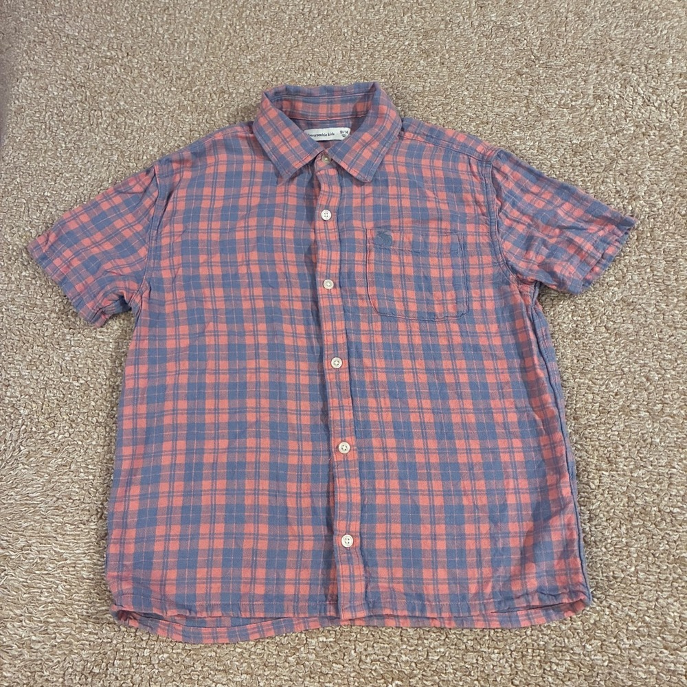 Abercrombie Kids Plaid Shirt Boys 13 14 Blue Pink Linen Viscose Short Sleeve